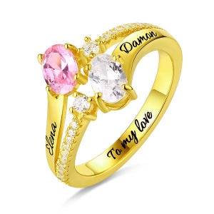 Engraved Double Oval Birthstones Ring In Gold