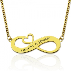 Customized Engraved Infinity Heart Lovers' Names Necklace In Gold Plated Silver