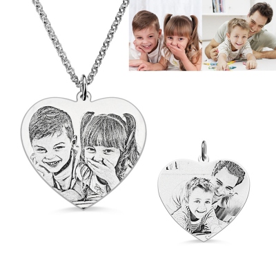 Heart Shape Double-sided Engraved Photos Necklace in Silver