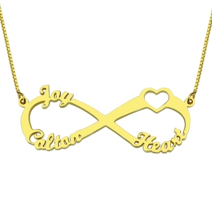 Infinity Necklace 3 Names 1 Heart 18K Gold Plated