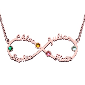Customized Infinity Four-Name Birthstone Necklace In Rose Gold