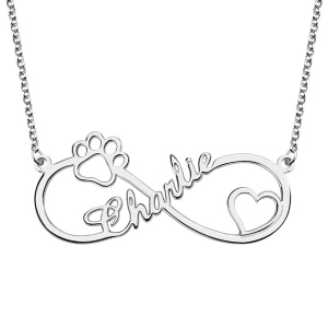 Customized Infinity Paw Print Name Necklace Silver