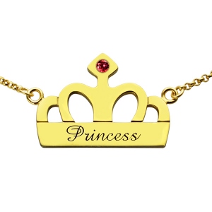 Princess Crown Charm Necklace med Birthstone & Name 18k Gold