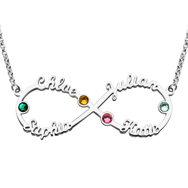 Jumping Birthstone Sterling Silver Personalized Family Infinity Name Necklace Custom Made with 4 Names
