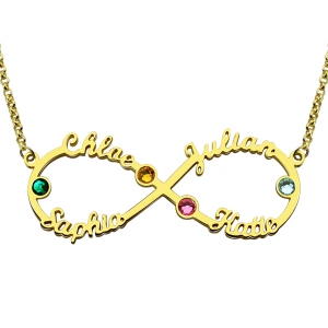 Customized Infinity Four Name And Birthstone Necklace In Gold