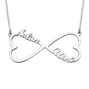 Customized 2 Hearts & Names Infinity Necklace In Sterling Silver