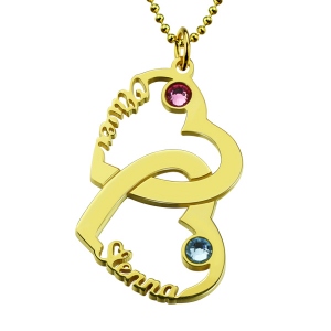 Heart in Heart Names Necklace with Birthstones Gold Plated Silver