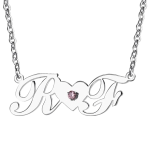 Sterling Silver Double Initials Lovers Necklace with Birthstone