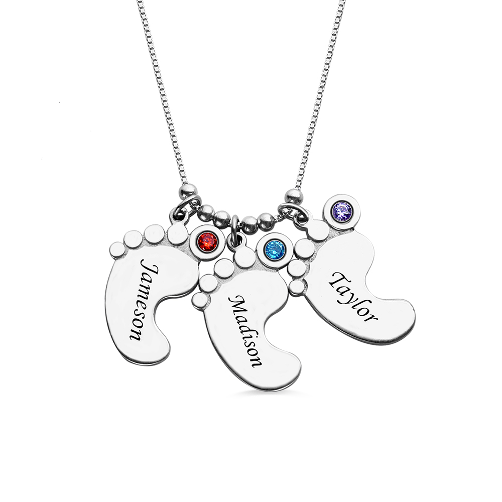 Personalized Baby Feet Name Necklace Birthstone Gold Plated Silver Custom Made with 2 Name Mother Jewelry 