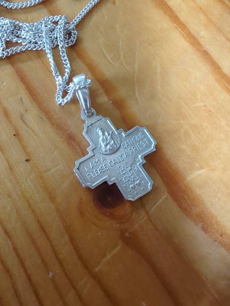 Solid Sterling Silver Four Way Medal Cross w/ Sacred Heart, St. Joseph St. Chris Miraculous Medal, PLEASE CALL a PRIEST
