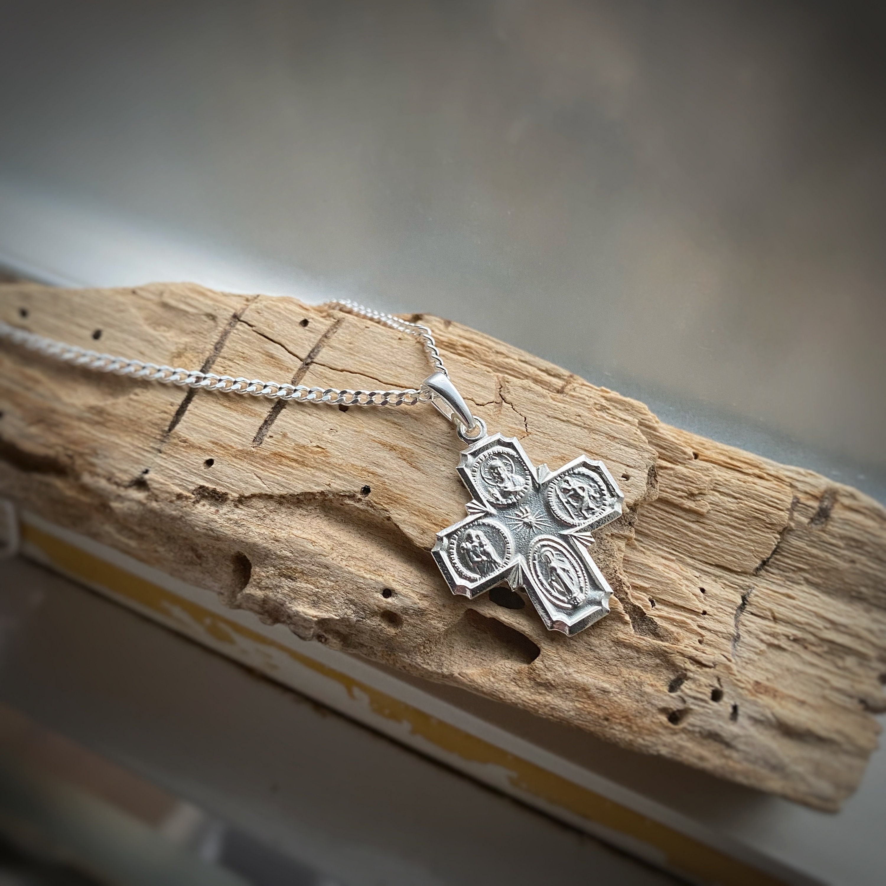 Solid Sterling Silver Four Way Medal Cross w/ Sacred Heart, St. Joseph St. Chris Miraculous Medal, PLEASE CALL a PRIEST