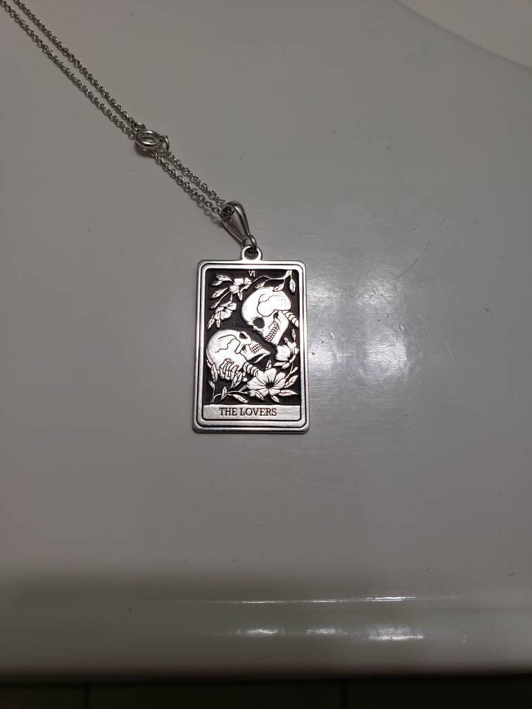 14K Solid Gold Lovers Tarot Card Necklace: Skeleton Couple Gothic Jewelry