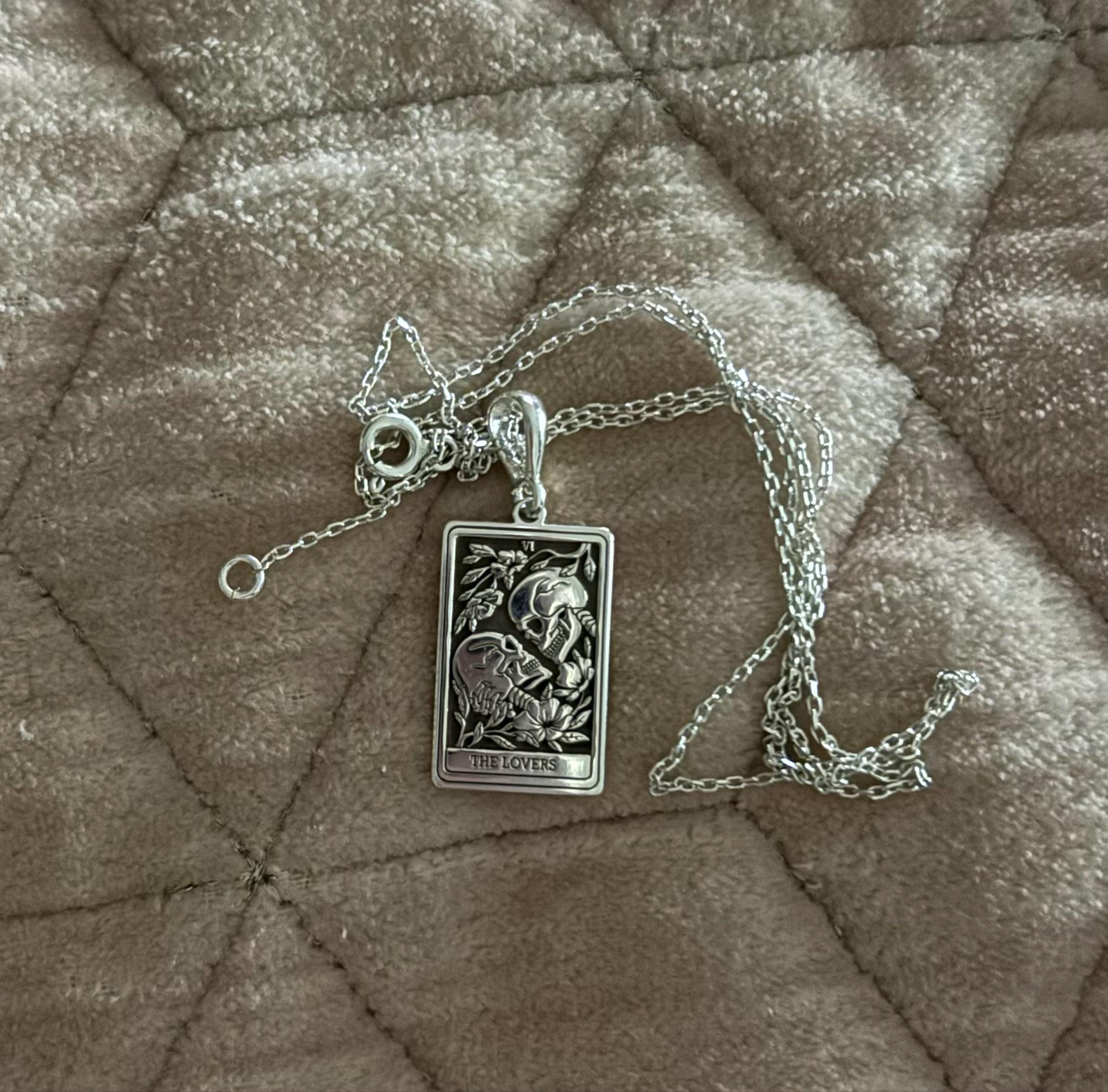 14K Solid Gold Lovers Tarot Card Necklace: Skeleton Couple Gothic Jewelry