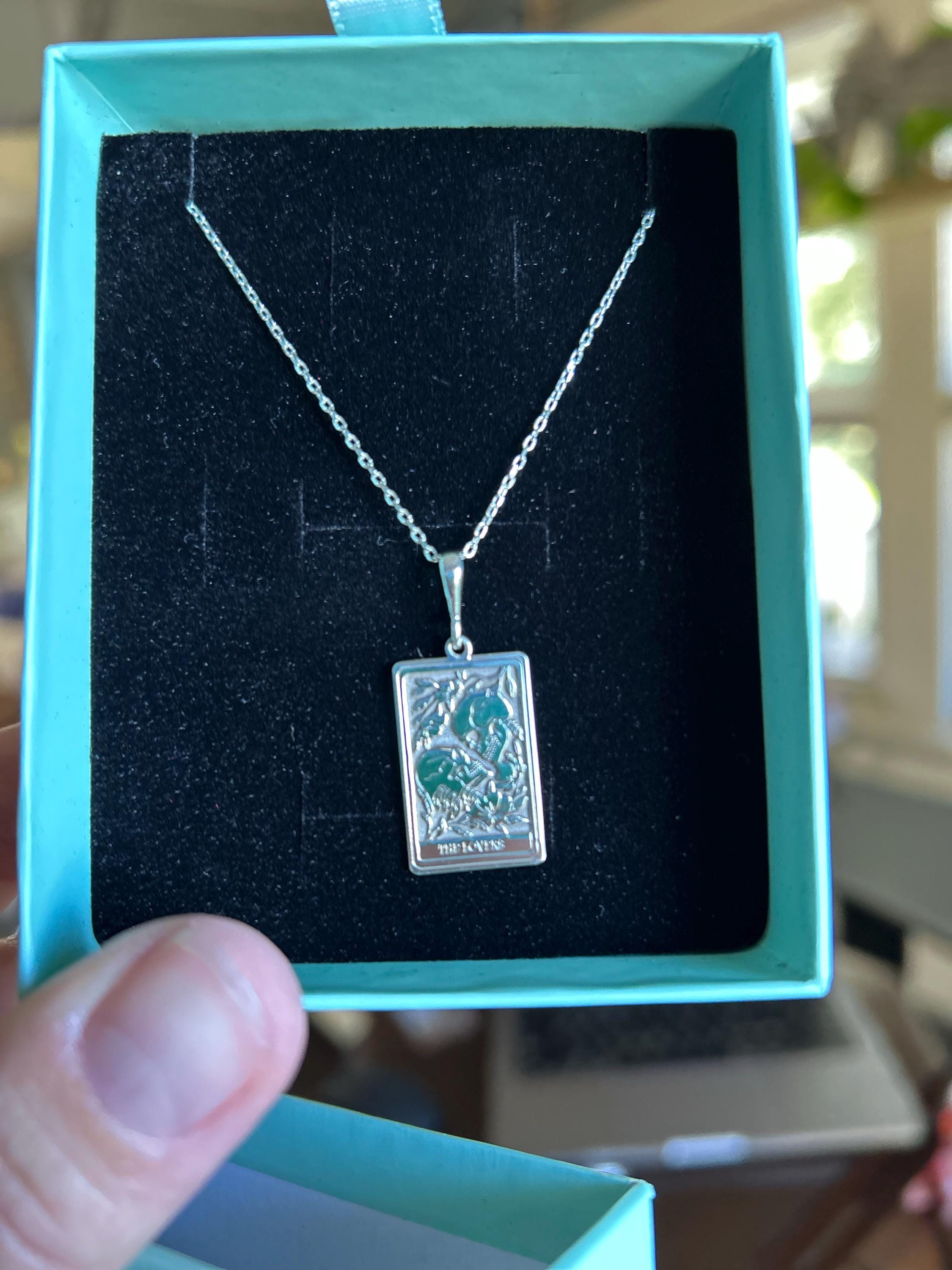 14K Solid Gold Lovers Tarot Card Necklace: Skeleton Couple Gothic Jewelry