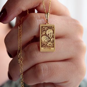 14K Solid Gold Lovers Tarot Card Necklace: Skeleton Couple Gothic Jewelry