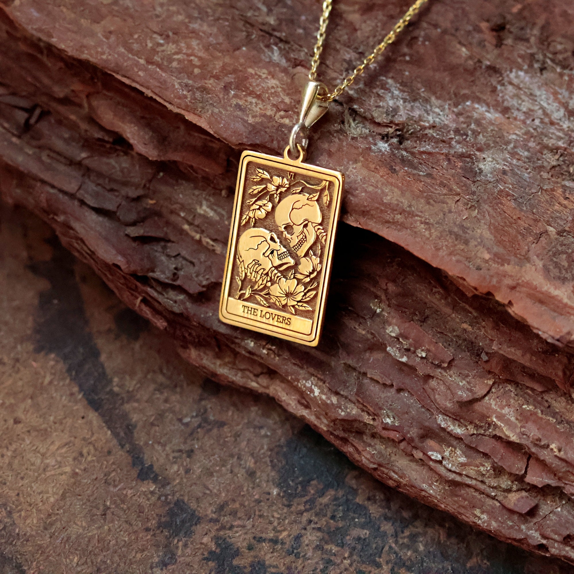 14K Solid Gold Lovers Tarot Card Necklace: Skeleton Couple Gothic Jewelry