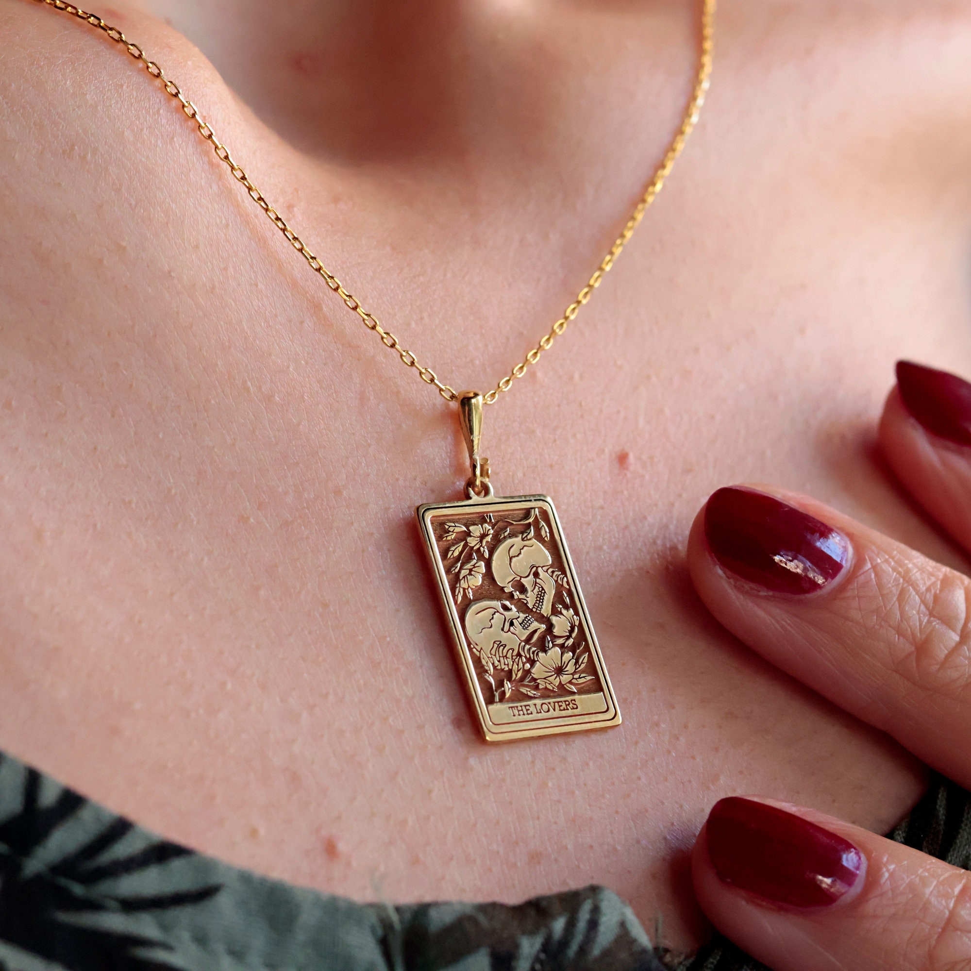 14K Solid Gold Lovers Tarot Card Necklace: Skeleton Couple Gothic Jewelry