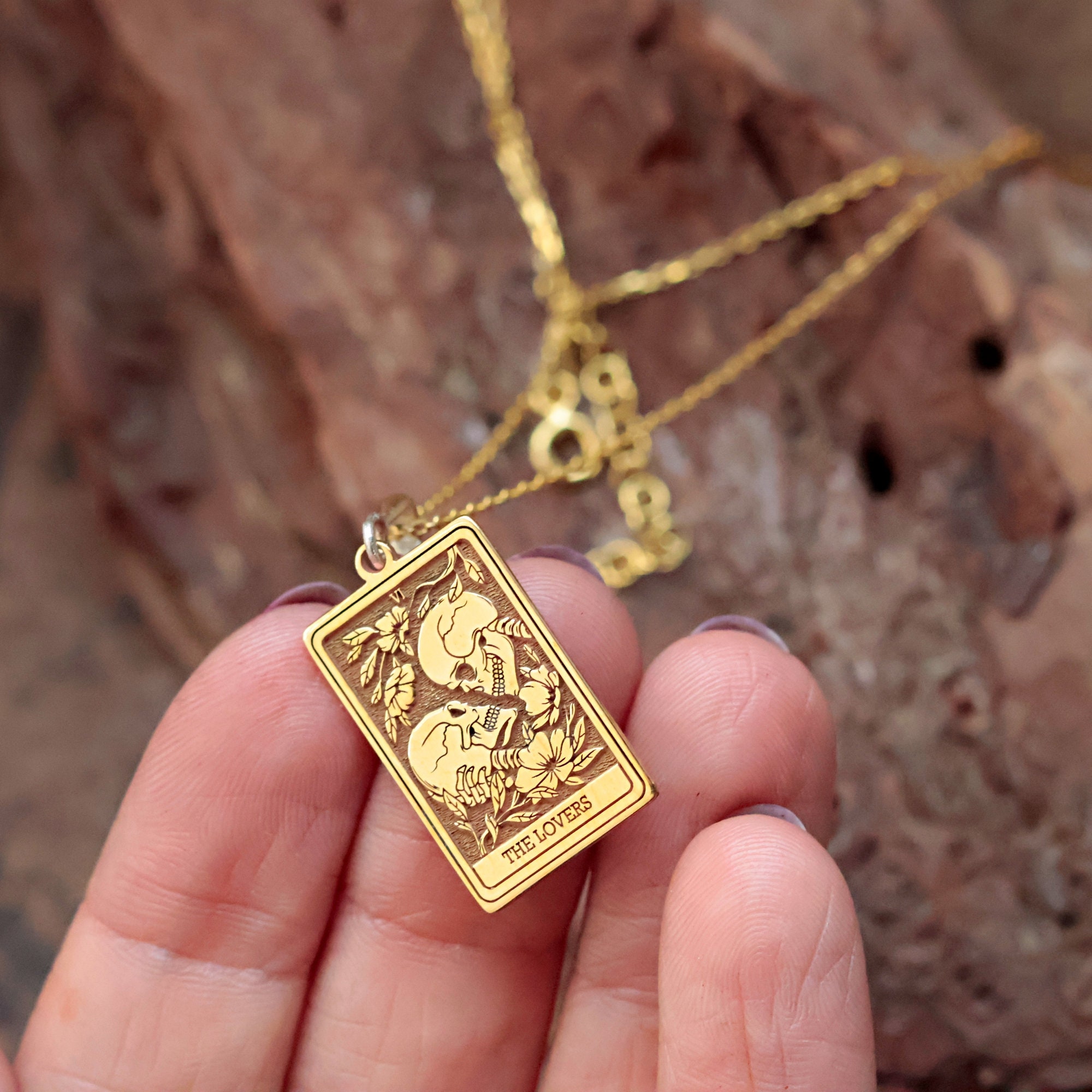 14K Solid Gold Lovers Tarot Card Necklace: Skeleton Couple Gothic Jewelry