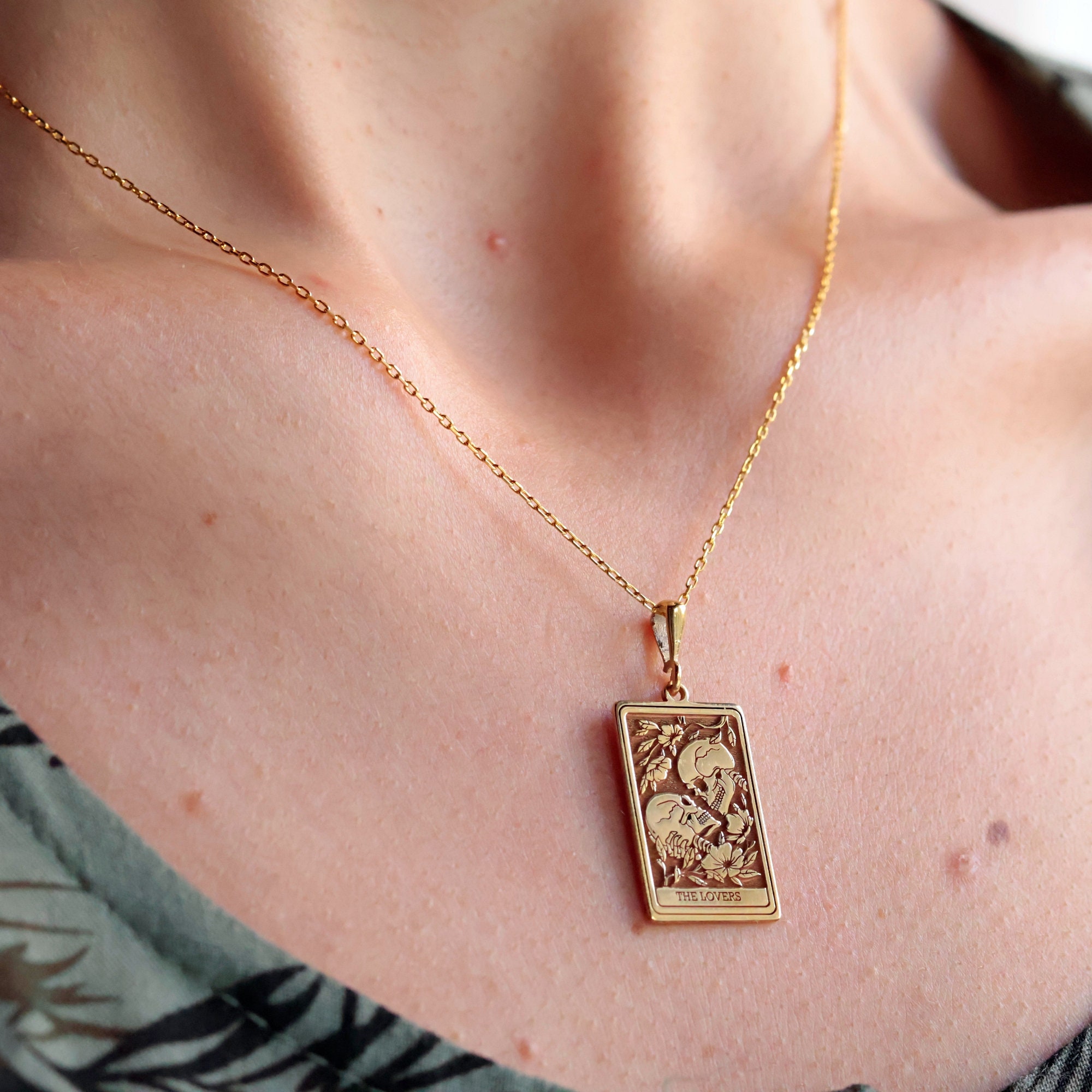 14K Solid Gold Lovers Tarot Card Necklace: Skeleton Couple Gothic Jewelry