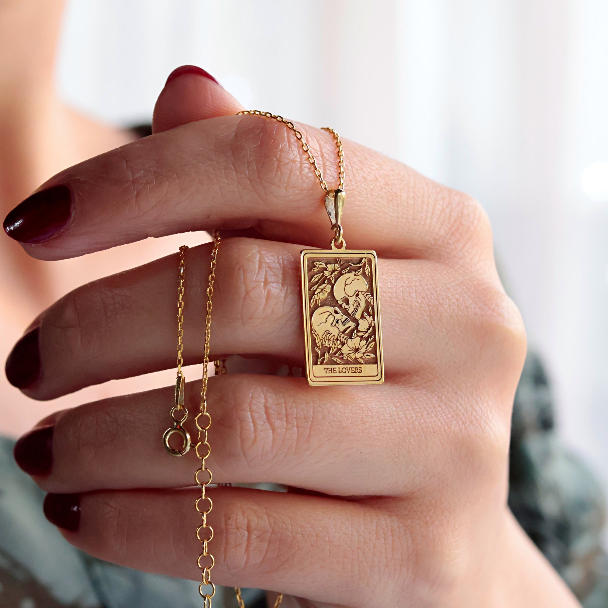 14K Solid Gold Lovers Tarot Card Necklace: Skeleton Couple Gothic Jewelry