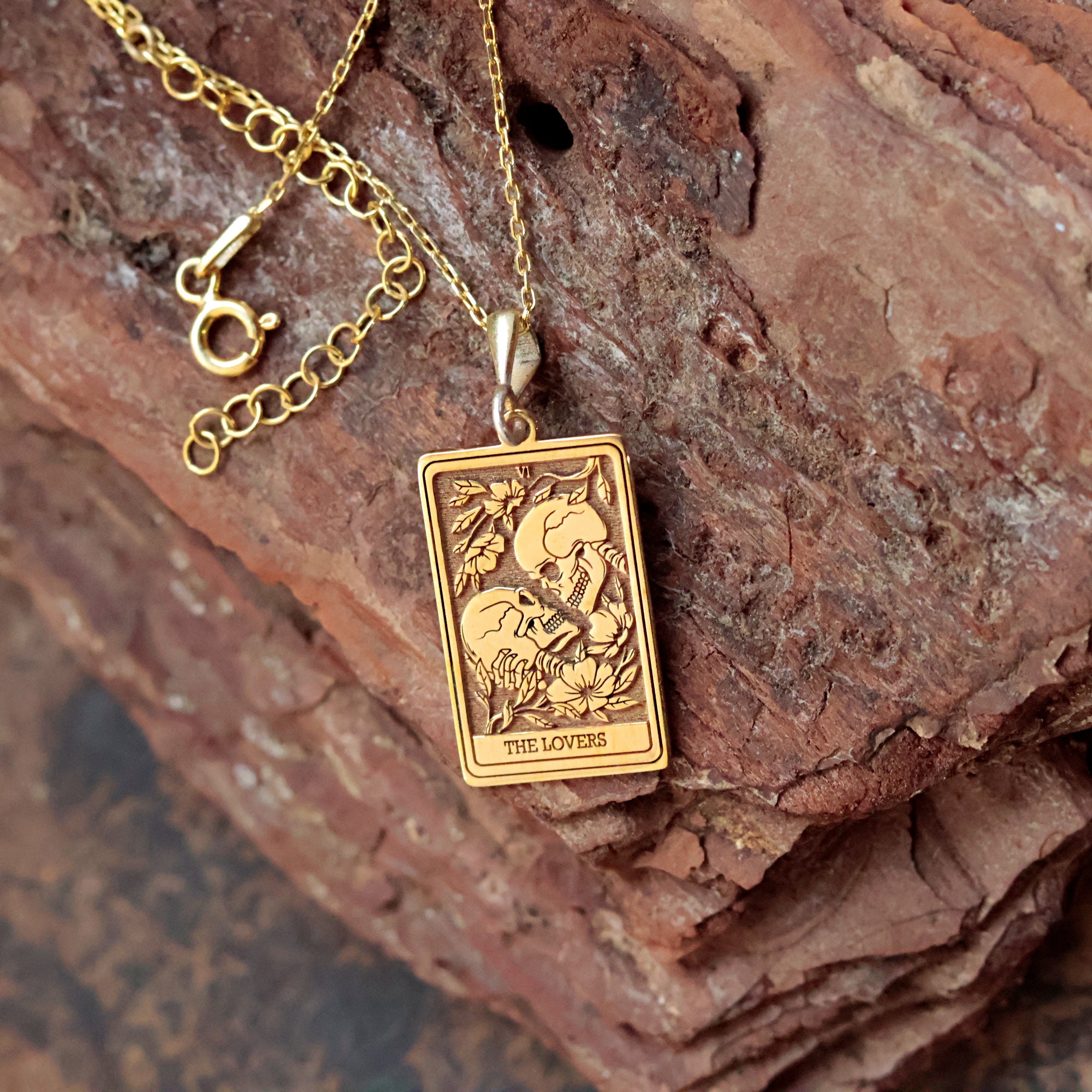 14K Solid Gold Lovers Tarot Card Necklace: Skeleton Couple Gothic Jewelry