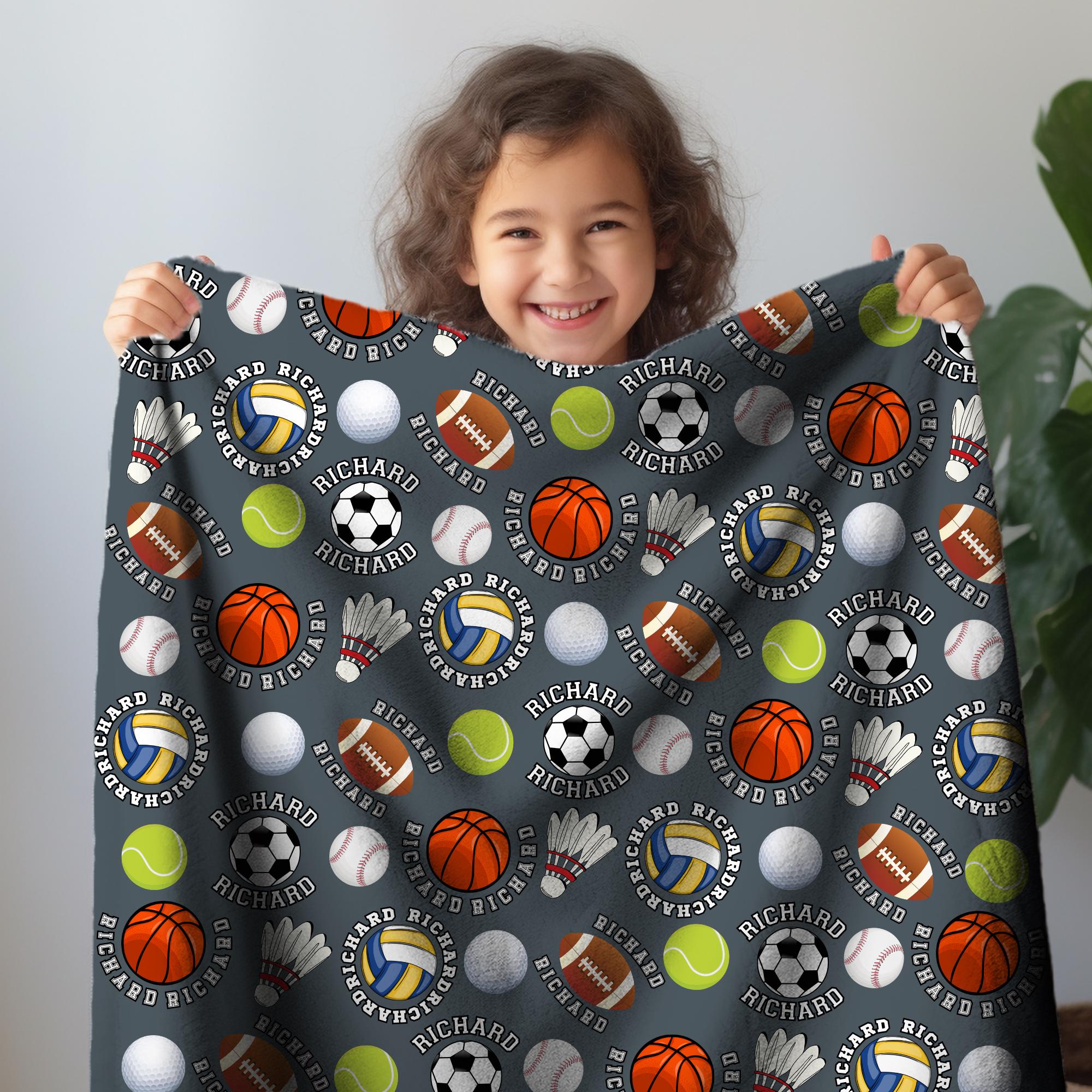 Personalized Kids Sports Baby Name Blanket: Custom Baseball Football Basketball Soccer Little Athlete Blanket