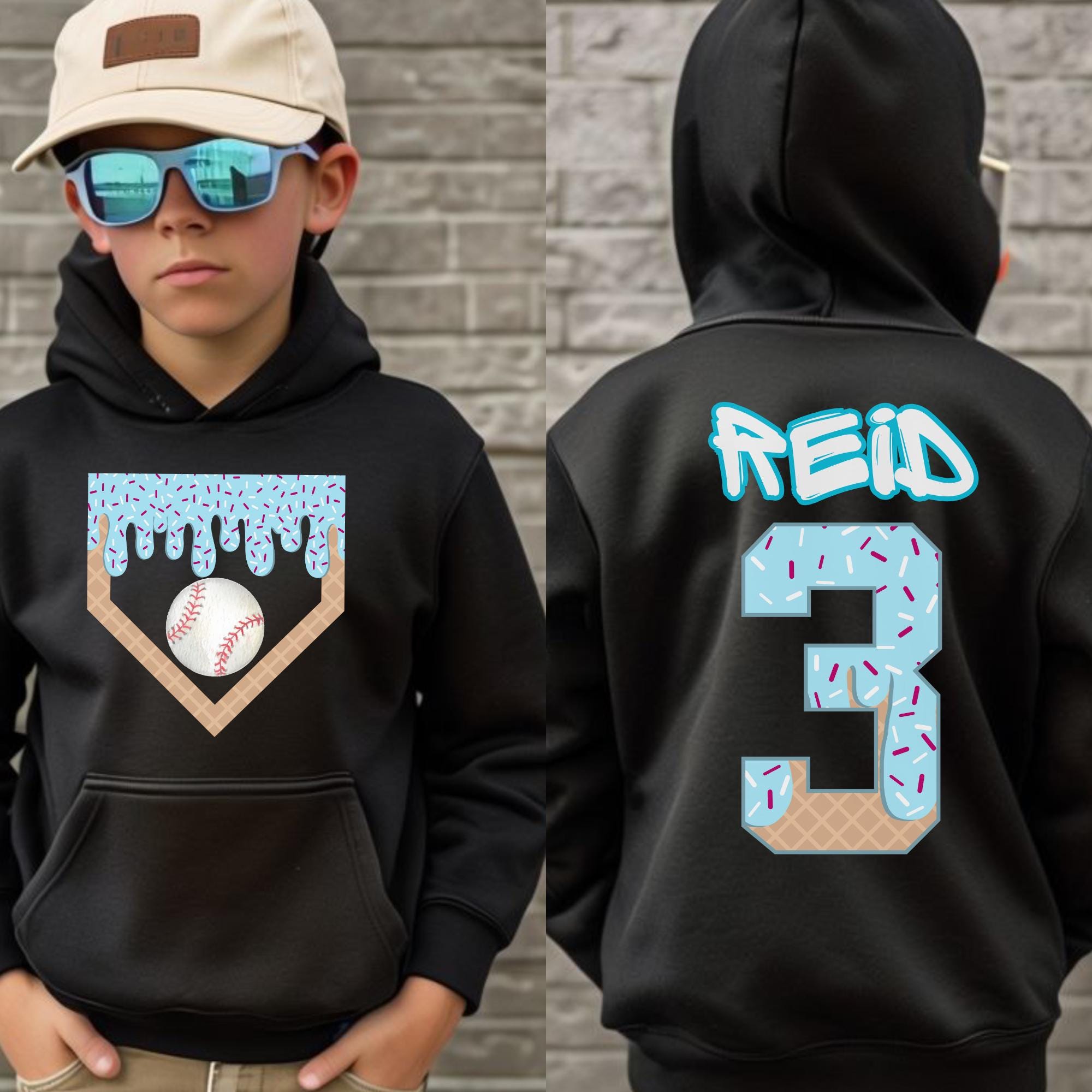 Personalized Baseball Drip Hoodie for Boys, Kid's Birthday Baseball Sweatshirt, Ice Cream Drip Shirt, Custom Team Gift, Youth Sports Outfit