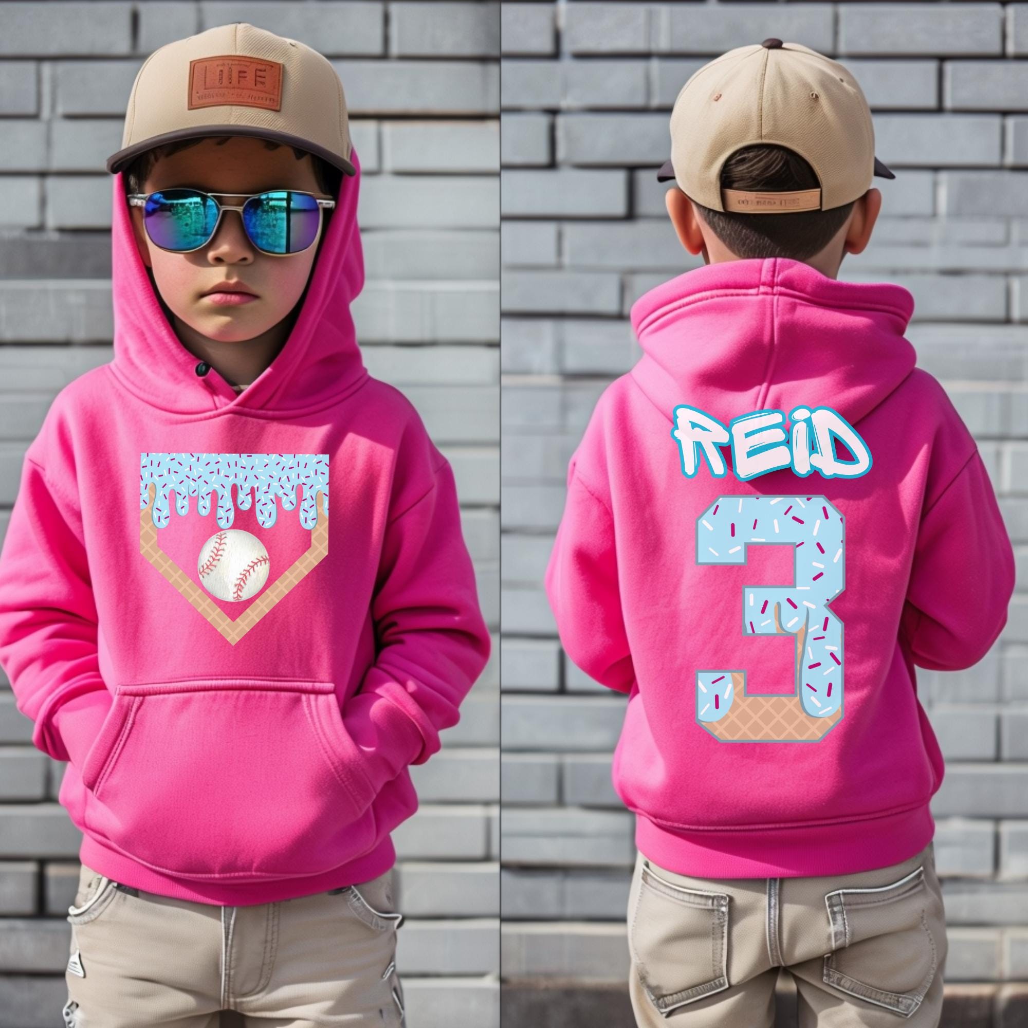 Personalized Baseball Drip Hoodie for Boys, Kid's Birthday Baseball Sweatshirt, Ice Cream Drip Shirt, Custom Team Gift, Youth Sports Outfit