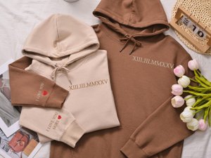 Personalized Embroidered Couple Matching Hoodie,Roman Numeral Hoodie,Engagements Gift ,Couple Hoodies GIft,Anniversary Gift,Hoodie with date