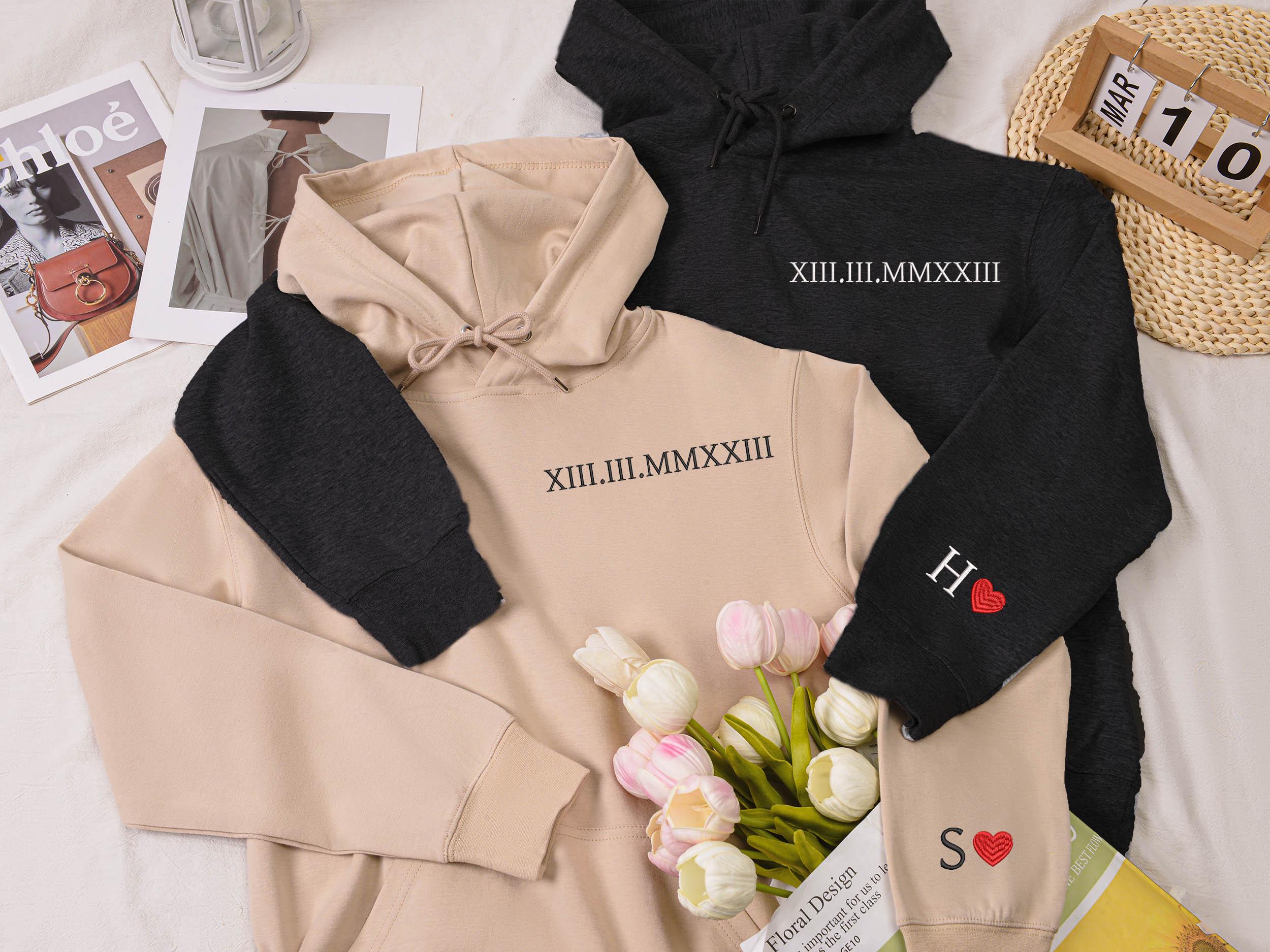 Personalized Embroidered Couple Matching Hoodie,Roman Numeral Hoodie,Engagements Gift ,Couple Hoodies GIft,Anniversary Gift,Hoodie with date