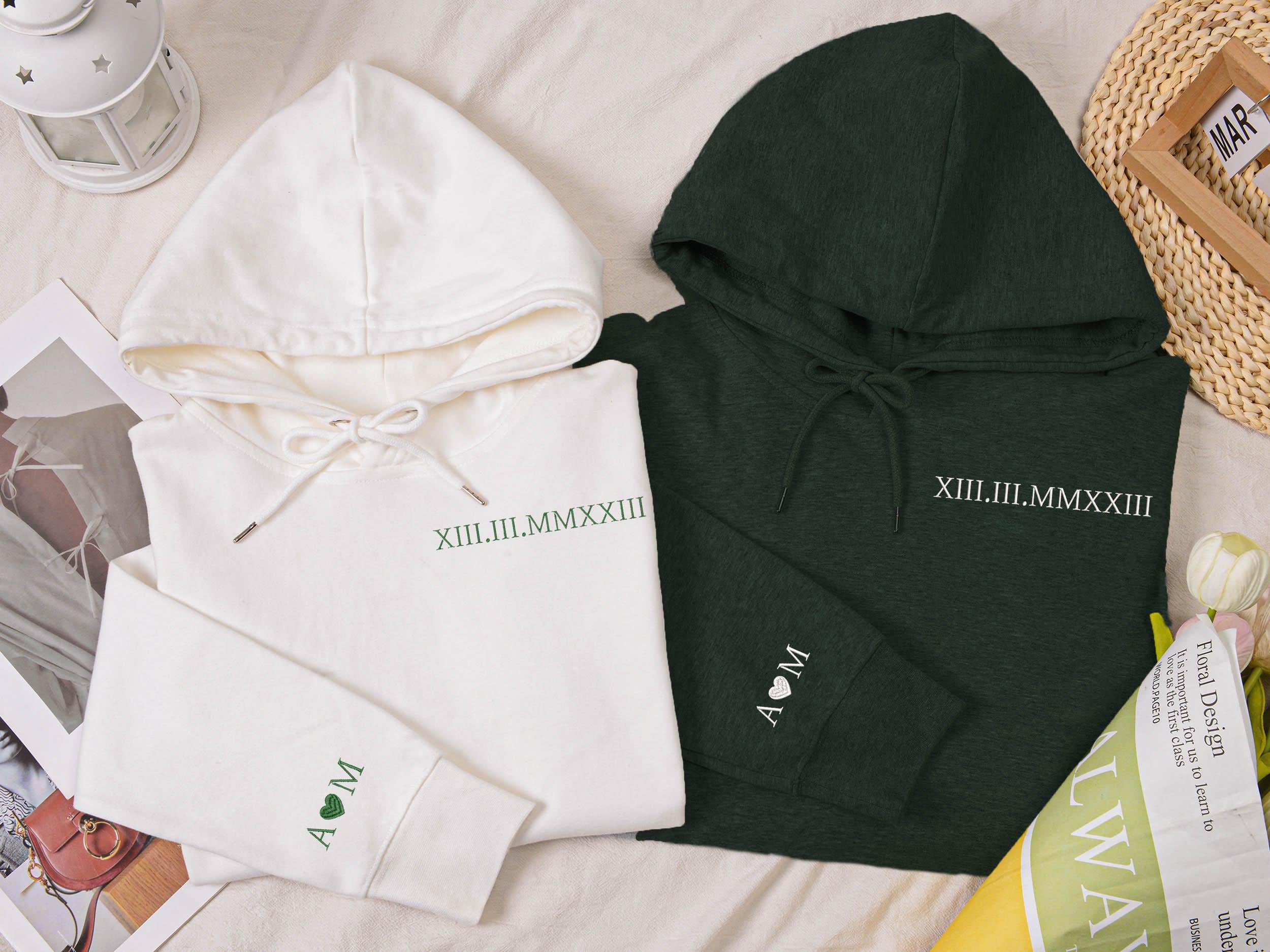 Personalized Embroidered Couple Matching Hoodie,Roman Numeral Hoodie,Engagements Gift ,Couple Hoodies GIft,Anniversary Gift,Hoodie with date