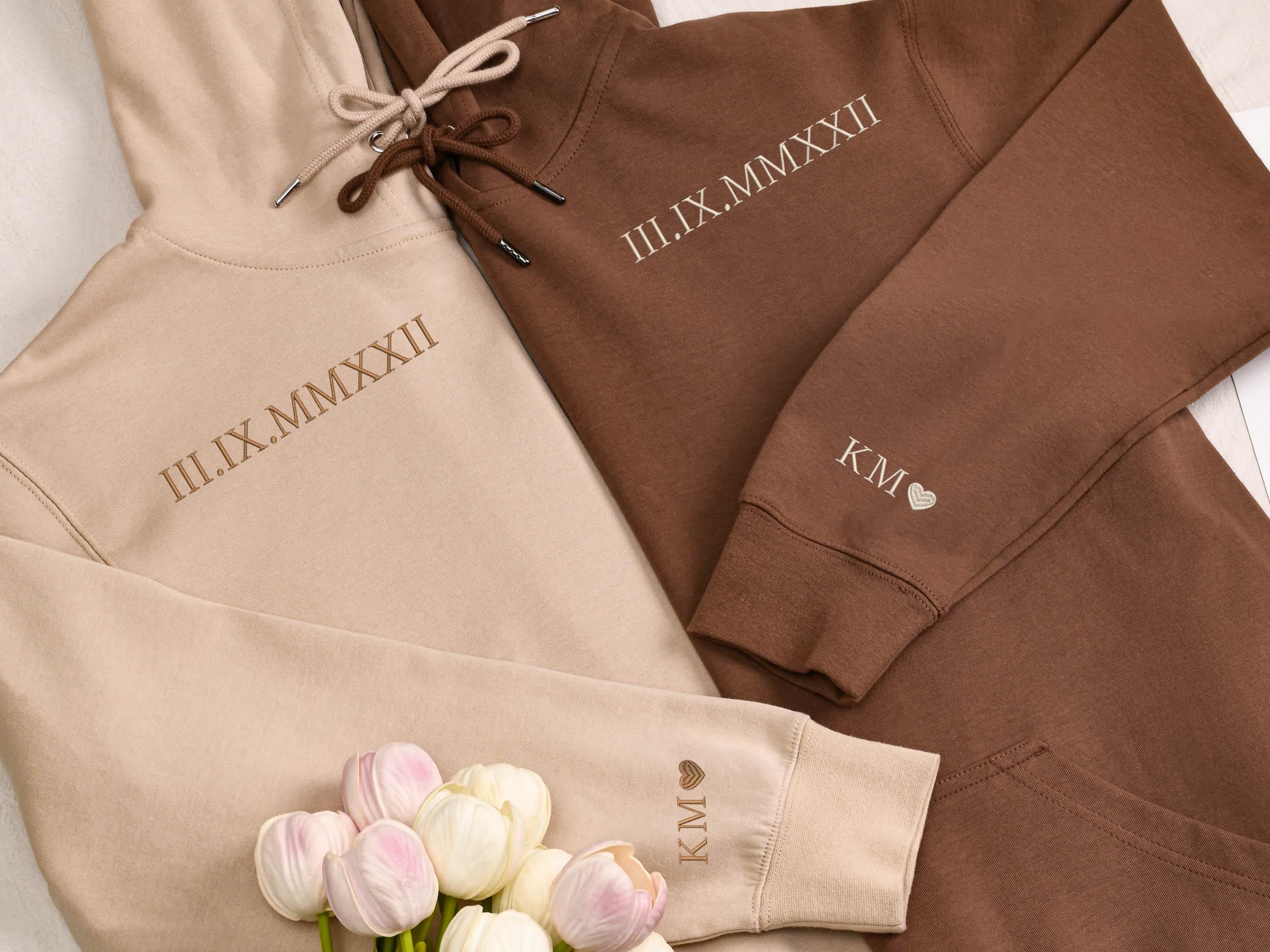 Personalized Embroidered Couple Matching Hoodie,Roman Numeral Hoodie,Engagements Gift ,Couple Hoodies GIft,Anniversary Gift,Hoodie with date