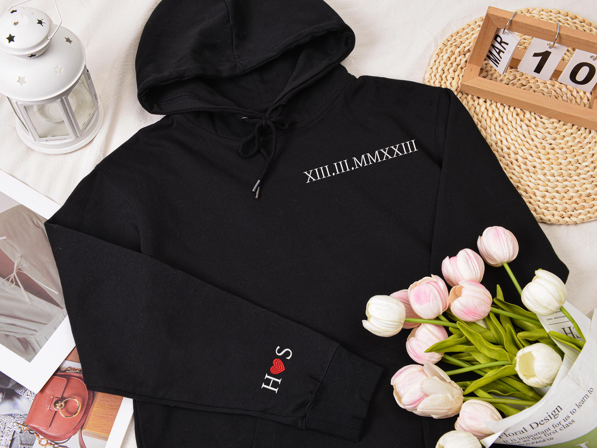 Personalized Embroidered Couple Matching Hoodie,Roman Numeral Hoodie,Engagements Gift ,Couple Hoodies GIft,Anniversary Gift,Hoodie with date