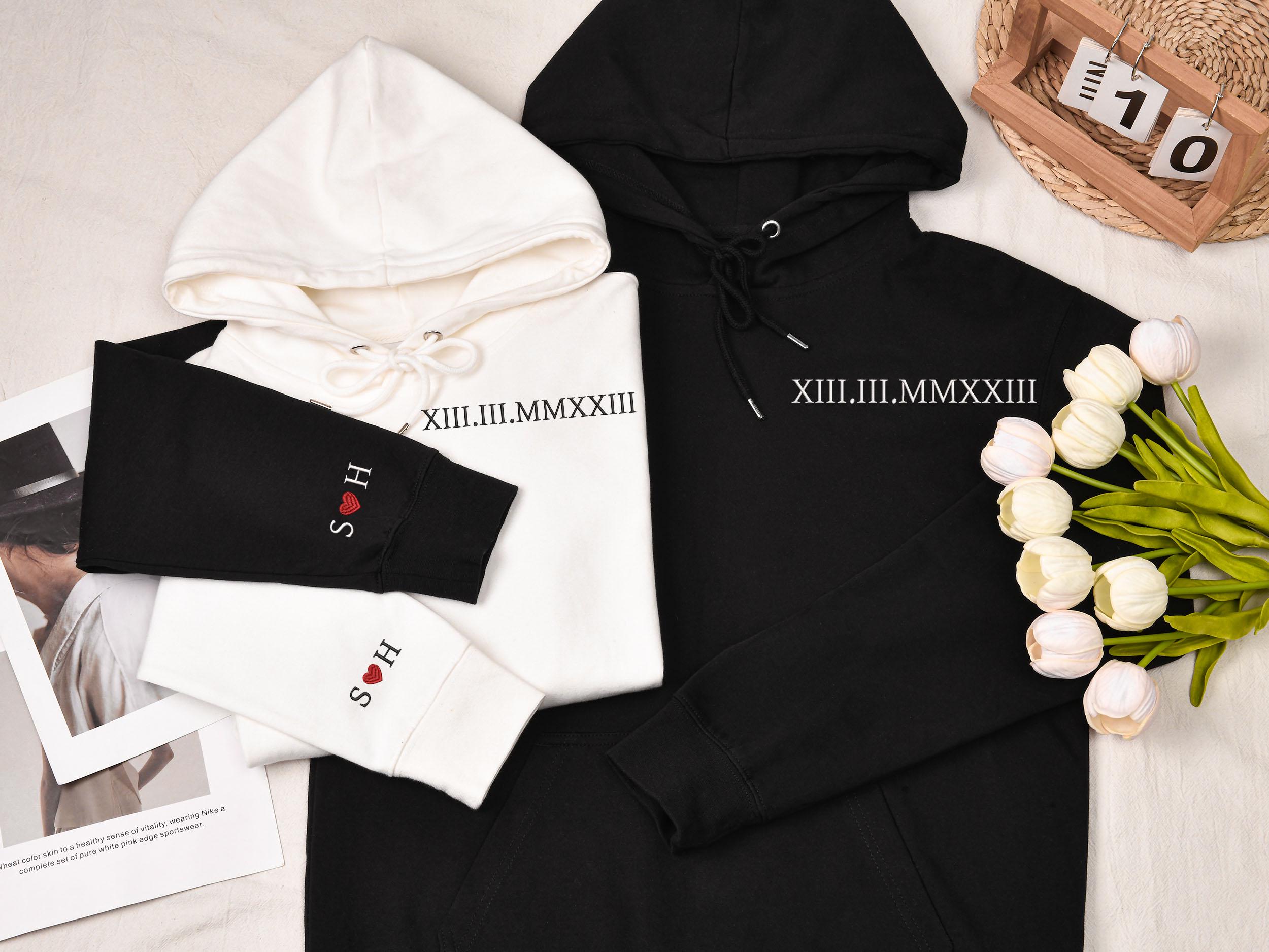 Personalized Embroidered Couple Matching Hoodie,Roman Numeral Hoodie,Engagements Gift ,Couple Hoodies GIft,Anniversary Gift,Hoodie with date