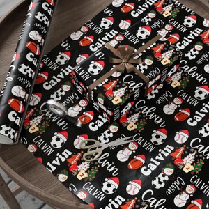 Personalized Name Sports Christmas Wrapping Paper Roll, Custom Sporty Soccer Ball Holiday Season Black Football Gift Wrap Baseball Christmas