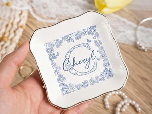Custom Locked Ring Dish,Personalized Wedding Gift for Couple，Blue Bow Toile Ring Dish,Girly Jewelry Dish, Gift for Her,Engagement Gift,