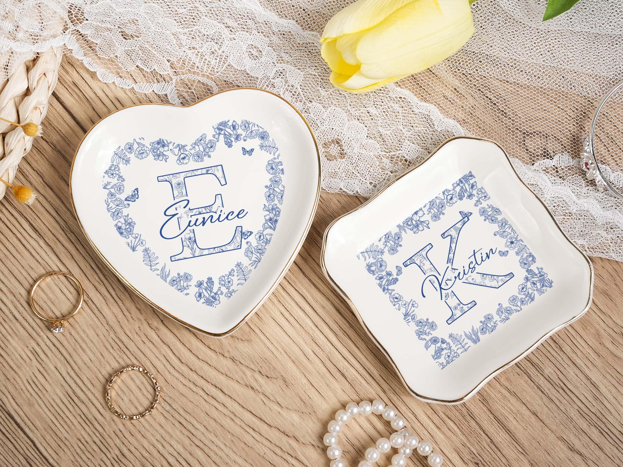 Custom Locked Ring Dish,Personalized Wedding Gift for Couple，Blue Bow Toile Ring Dish,Girly Jewelry Dish, Gift for Her,Engagement Gift,