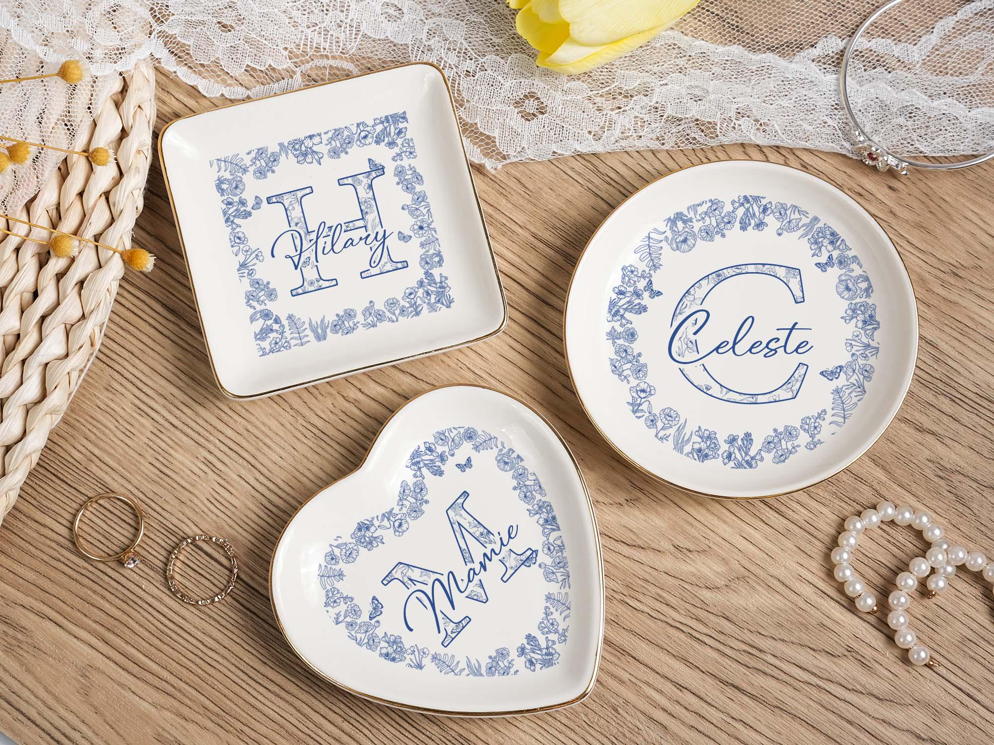 Custom Locked Ring Dish,Personalized Wedding Gift for Couple，Blue Bow Toile Ring Dish,Girly Jewelry Dish, Gift for Her,Engagement Gift,