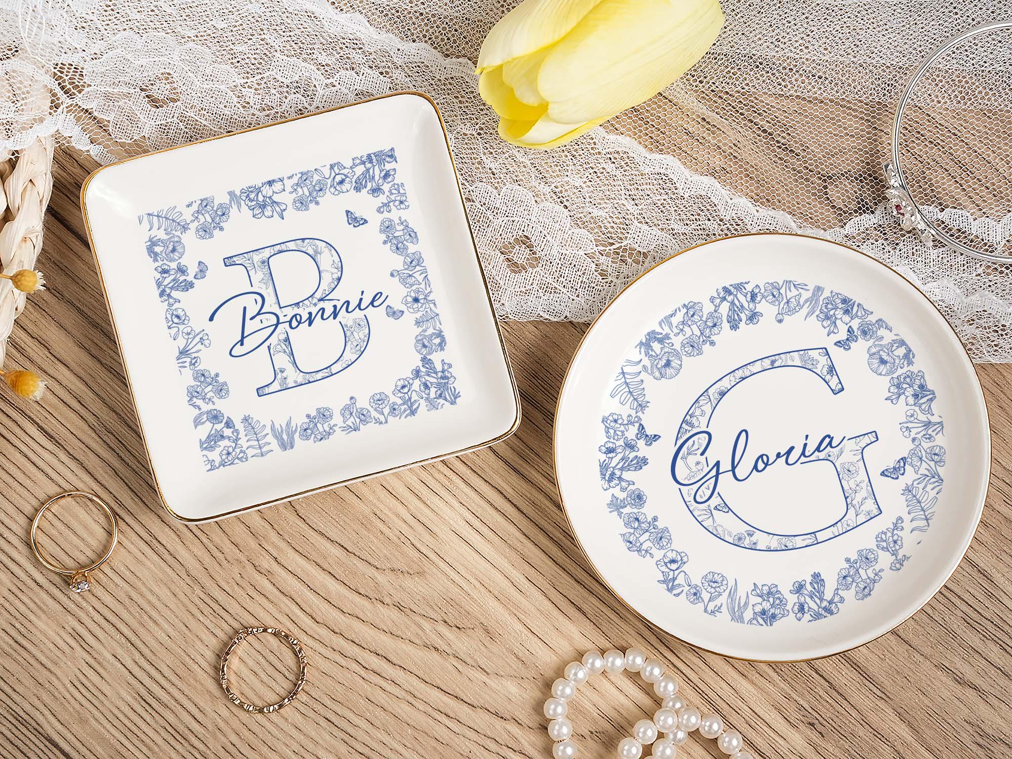 Custom Locked Ring Dish,Personalized Wedding Gift for Couple，Blue Bow Toile Ring Dish,Girly Jewelry Dish, Gift for Her,Engagement Gift,