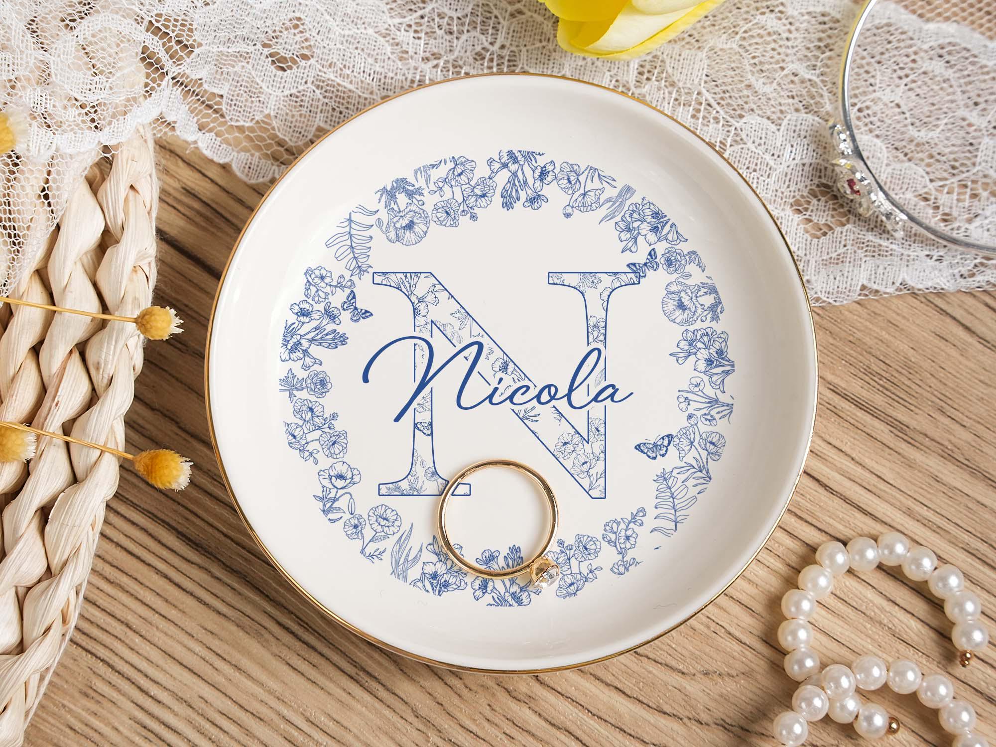 Custom Locked Ring Dish,Personalized Wedding Gift for Couple，Blue Bow Toile Ring Dish,Girly Jewelry Dish, Gift for Her,Engagement Gift,