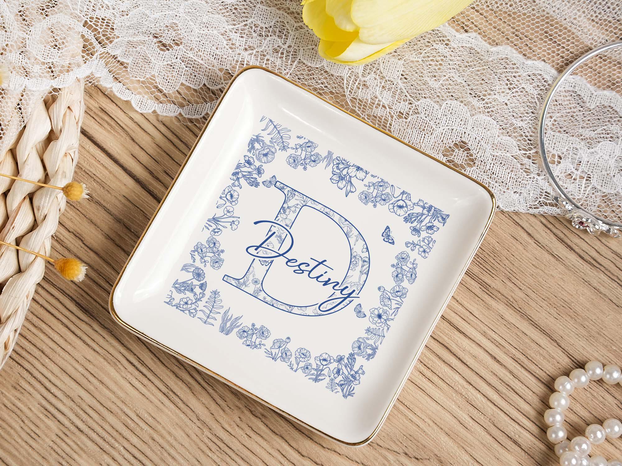 Custom Locked Ring Dish,Personalized Wedding Gift for Couple，Blue Bow Toile Ring Dish,Girly Jewelry Dish, Gift for Her,Engagement Gift,