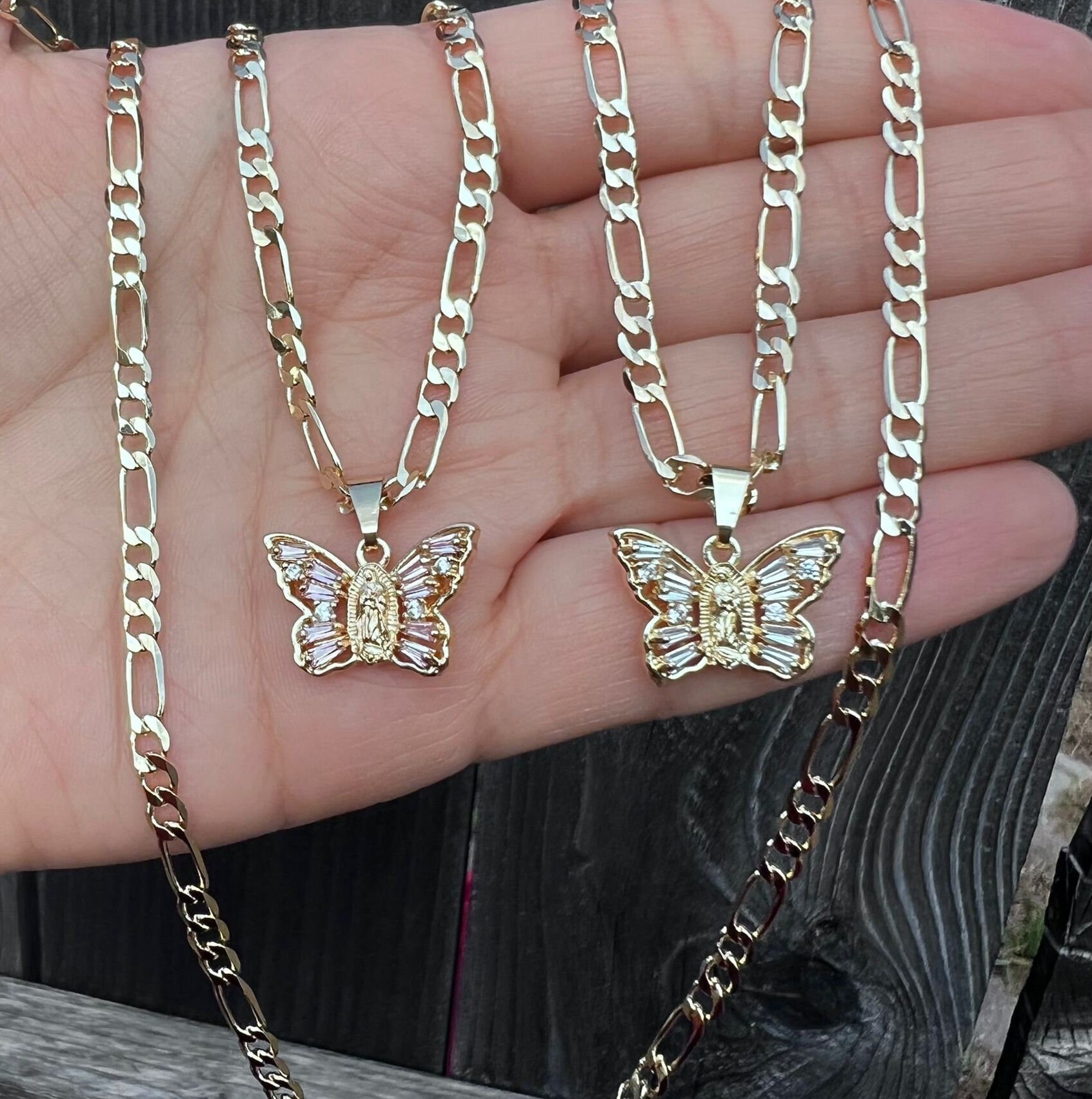 Butterfly Necklace Gold Plated. Our Lady of Guadalupe Gold Necklace. Gold Filled. Virgen de Guadalupe Cadena de Oro Laminado. Gold Plated