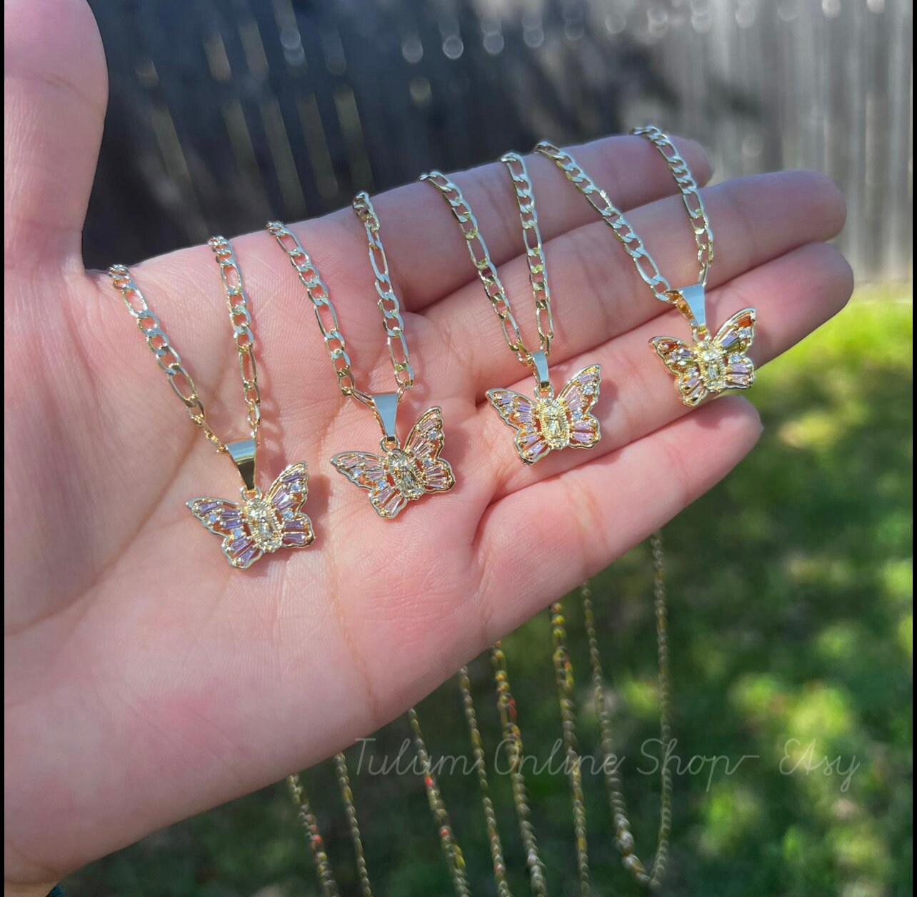 Butterfly Necklace Gold Plated. Our Lady of Guadalupe Gold Necklace. Gold Filled. Virgen de Guadalupe Cadena de Oro Laminado. Gold Plated