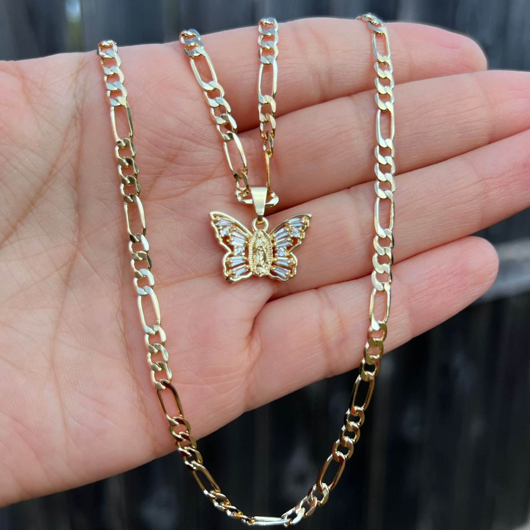 Butterfly Necklace Gold Plated. Our Lady of Guadalupe Gold Necklace. Gold Filled. Virgen de Guadalupe Cadena de Oro Laminado. Gold Plated