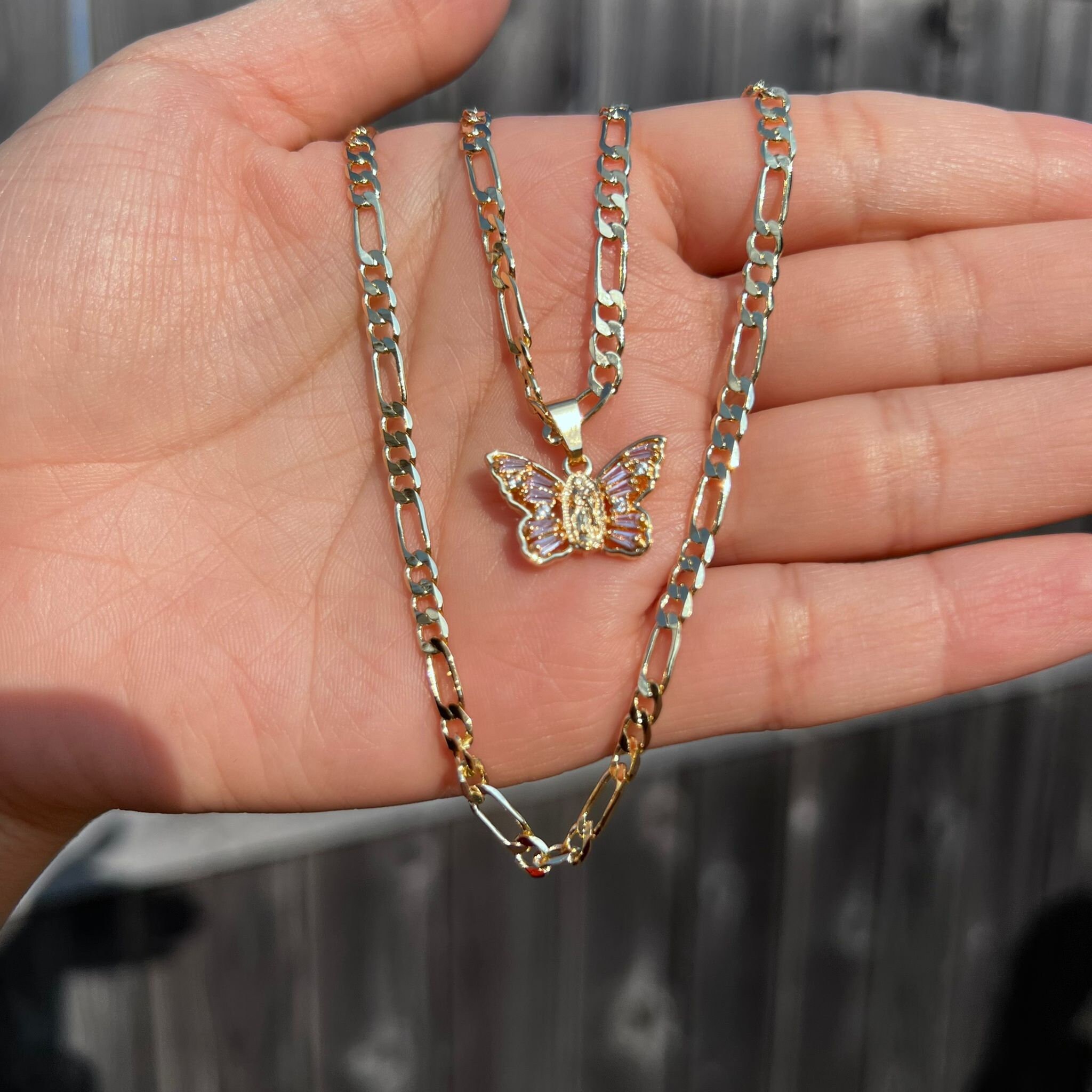 Butterfly Necklace Gold Plated. Our Lady of Guadalupe Gold Necklace. Gold Filled. Virgen de Guadalupe Cadena de Oro Laminado. Gold Plated