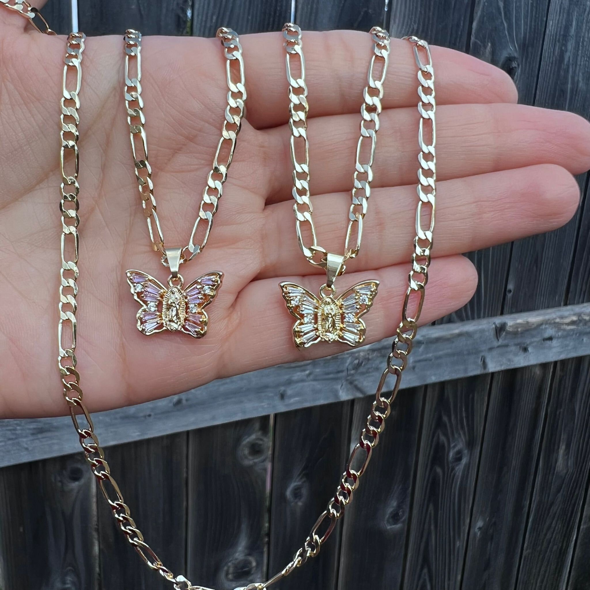 Butterfly Necklace Gold Plated. Our Lady of Guadalupe Gold Necklace. Gold Filled. Virgen de Guadalupe Cadena de Oro Laminado. Gold Plated