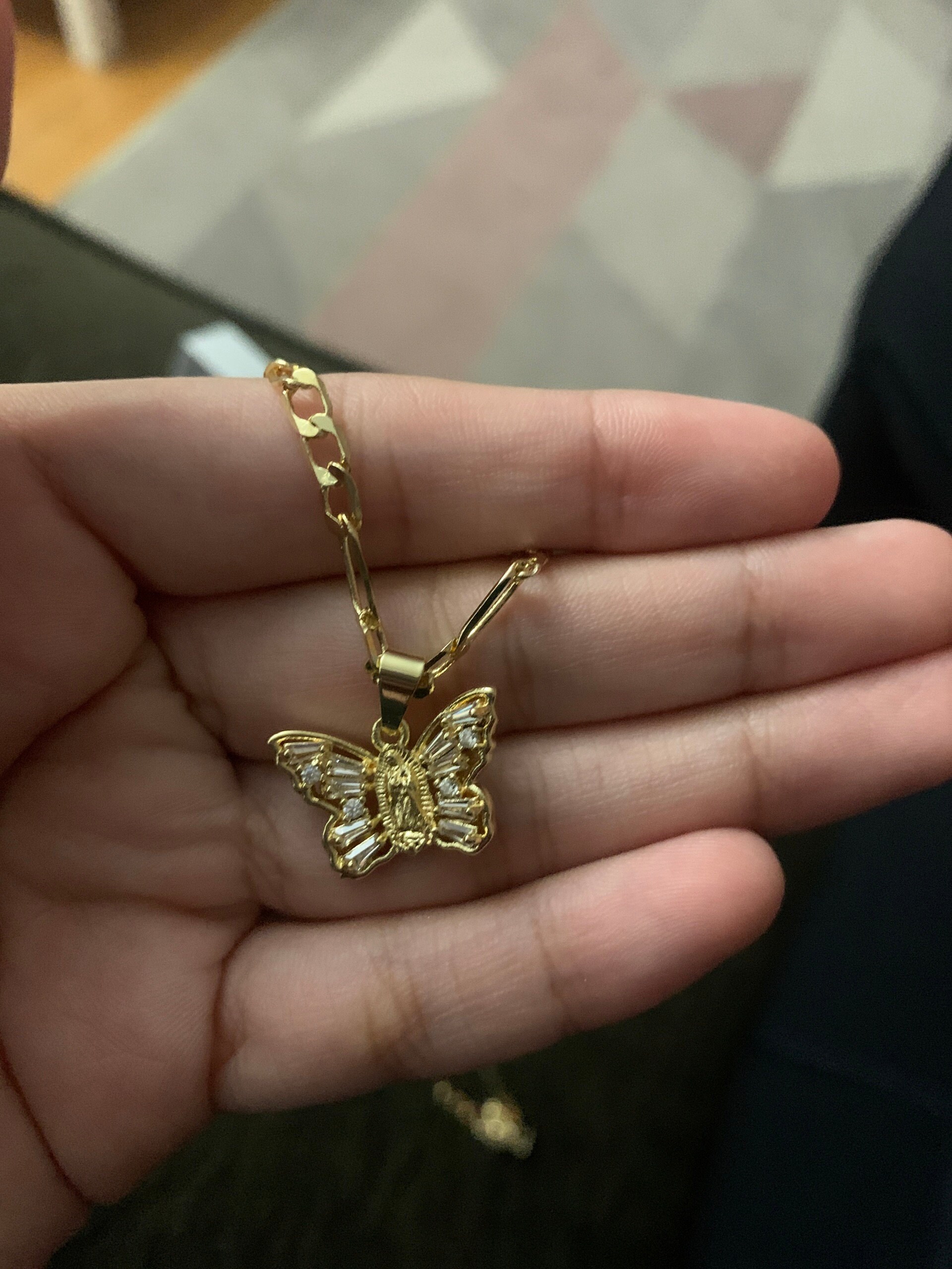 Butterfly Necklace Gold Plated. Our Lady of Guadalupe Gold Necklace. Gold Filled. Virgen de Guadalupe Cadena de Oro Laminado. Gold Plated