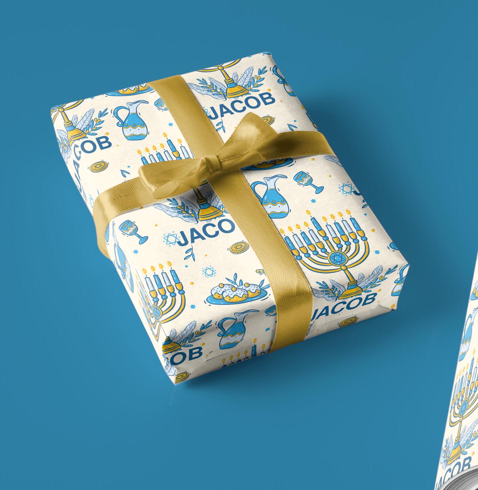 Personalized Hanukkah Gift Wrap | Menorah Holiday Wrapping Paper | Star of David Gift Wrap |  Custom Hanukkah Wrapping Paper with Name