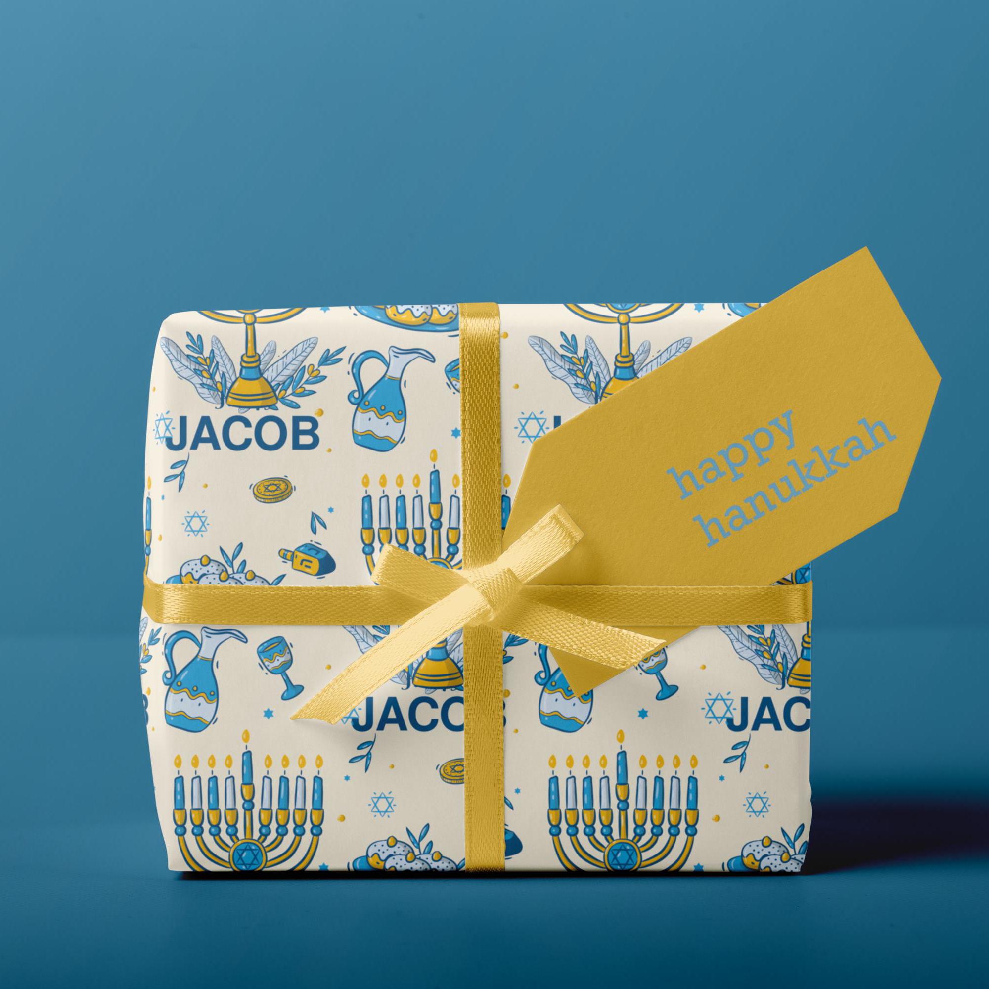 Personalized Hanukkah Gift Wrap | Menorah Holiday Wrapping Paper | Star of David Gift Wrap |  Custom Hanukkah Wrapping Paper with Name