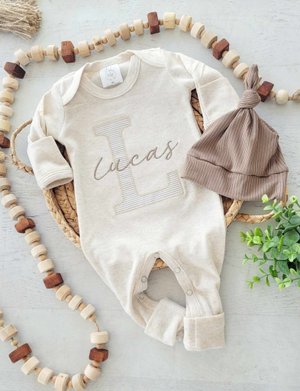Personalized neutral baby romper and hat set, custom infant boy coming home outfit, baby shower gift, beige with footies, taupe tan